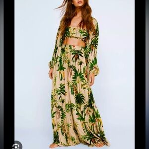 Crinkle Palm Tree Bandeau And Maxi Kimono 3pc Pants Set